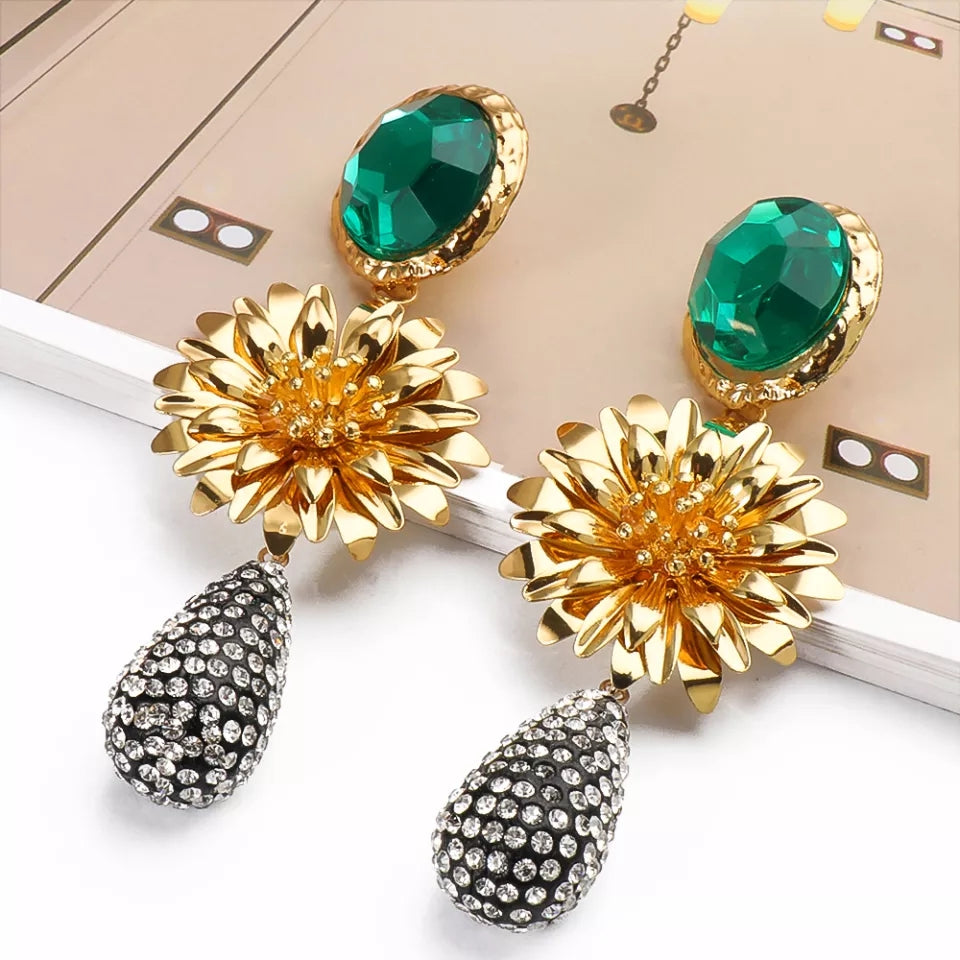 Flower Metal Rhinestone Long Dangle Drop Statement Earrings