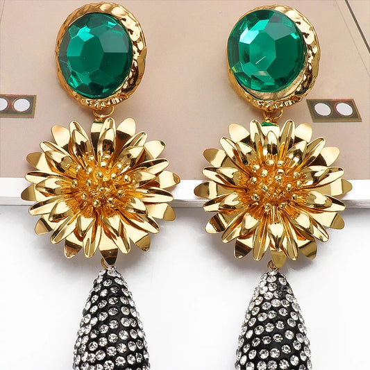 Flower Metal Rhinestone Long Dangle Drop Statement Earrings