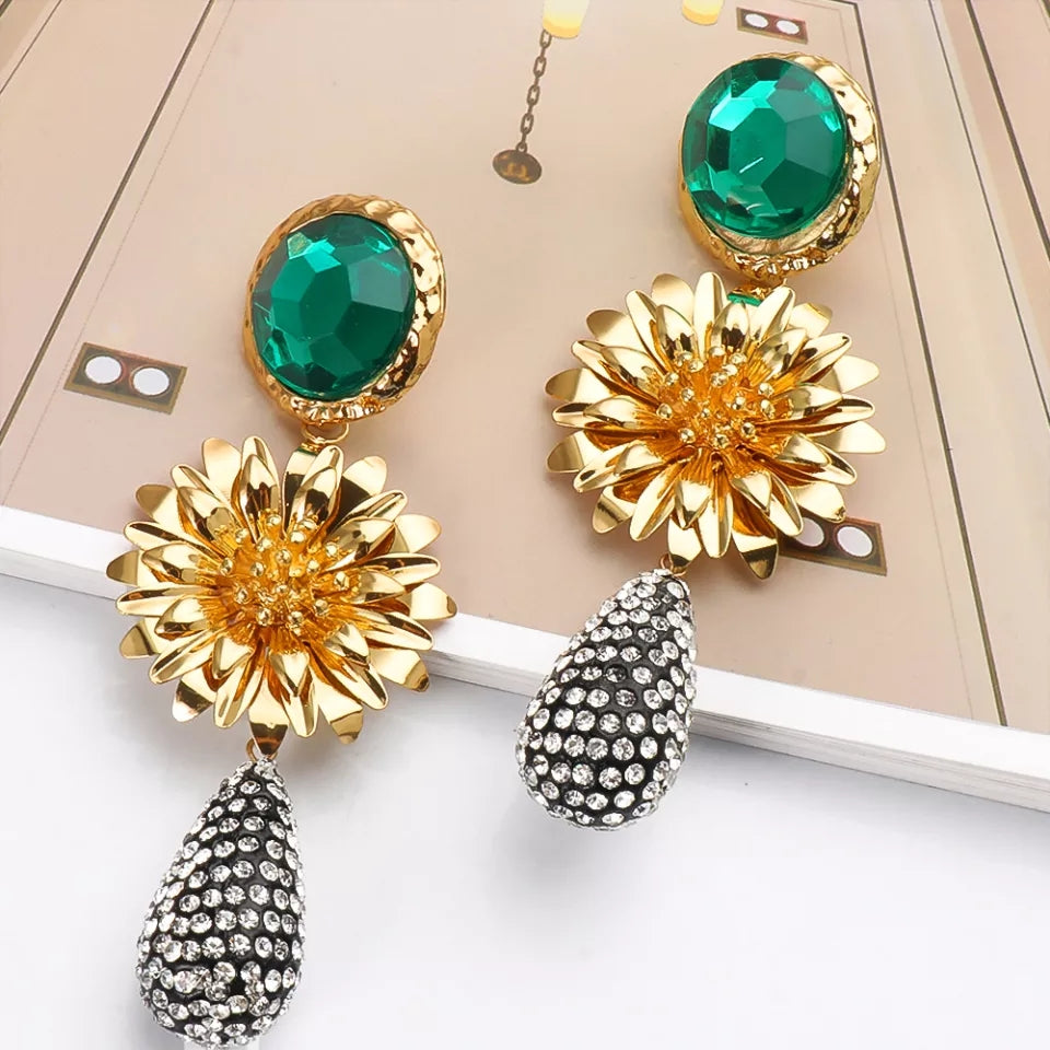 Flower Metal Rhinestone Long Dangle Drop Statement Earrings