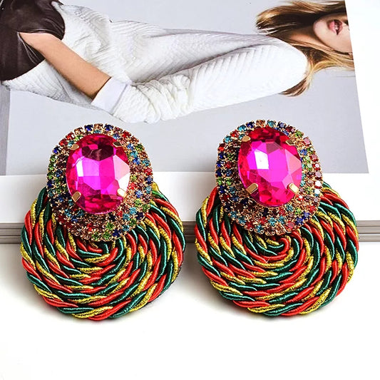 Round Rhinestone Handmade Crystal Earrings multicolor