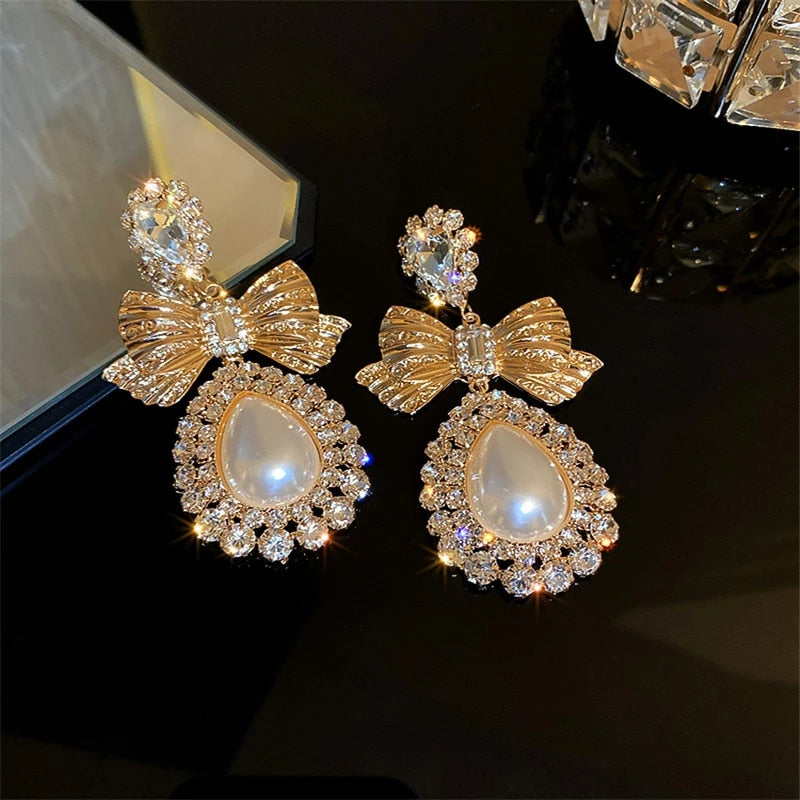 Crystal Oversize Vintage Bow and Water Drop Pearl Dangle Earrings