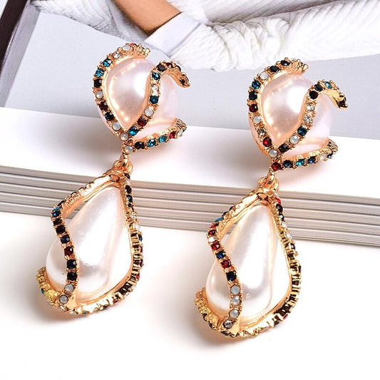Colorful Rhinestone Big Pearl Drop Earrings